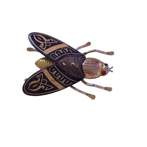 Vtg 70s Insect Brooch/Pin Gold Tone Black Enamel Wings Geometric Pattern Wings - Picture 2 of 7